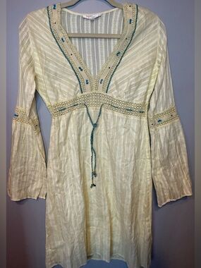 Boho Pale Yellow Embroidered Long Sleeve Whimsical Dress